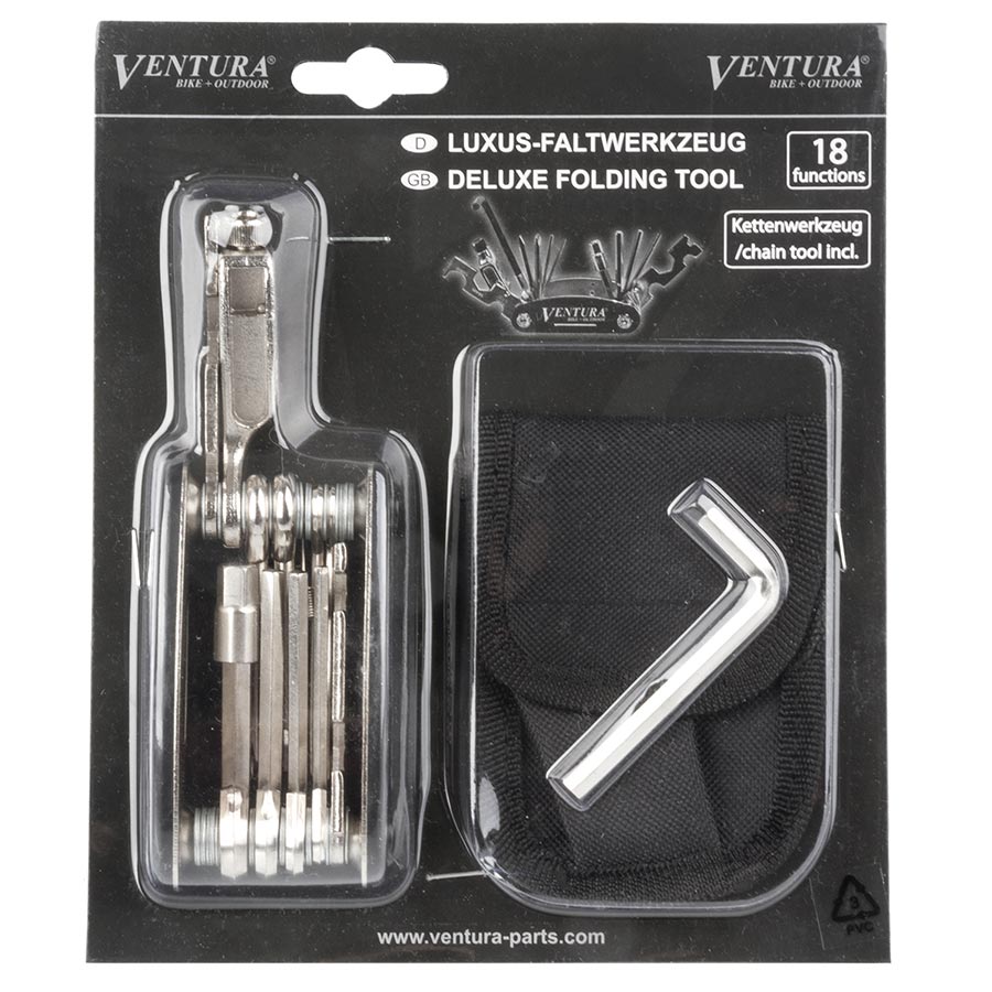 Ventura 18F Multi Multi-Tools Number of Tools: 18 Hex 2mm 2.5mm 3mm 4mm 5mm 6mm 8mm Open: 8mm 9mm 10mm 13mm 14mm 15mm Phillips Flat Head 14 and 15G spoke wrenches Chain tool
